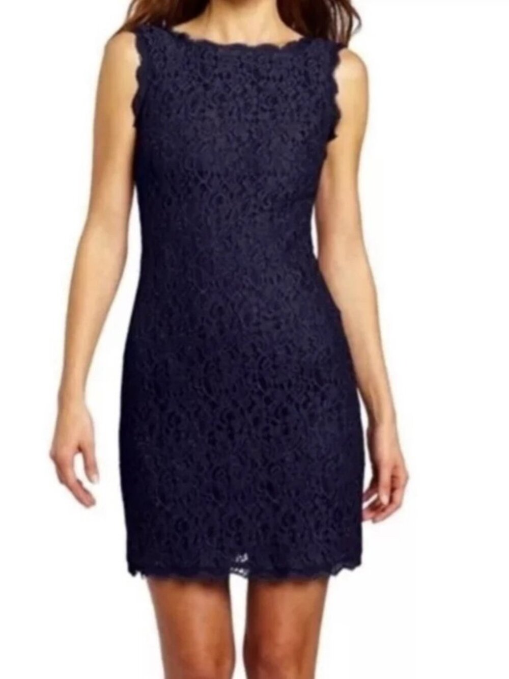 ADRIANNA PAPELL Navy Lace Overlay Boatneck Sheath Dress Sz 4